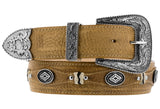 Tan Western Cowboy Leather Belt Navajo Concho - Silver Buckle
