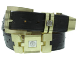 Mens Black Cowboy Dress Belt Ostrich Quill Print - Gold Links