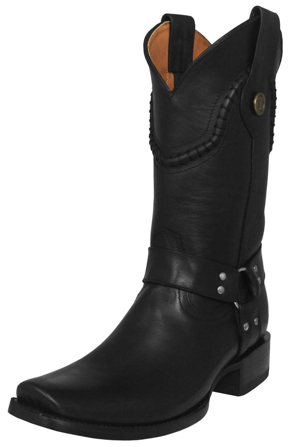 Mens Rider Black Cowboy Boots Leather Harness - Square Toe