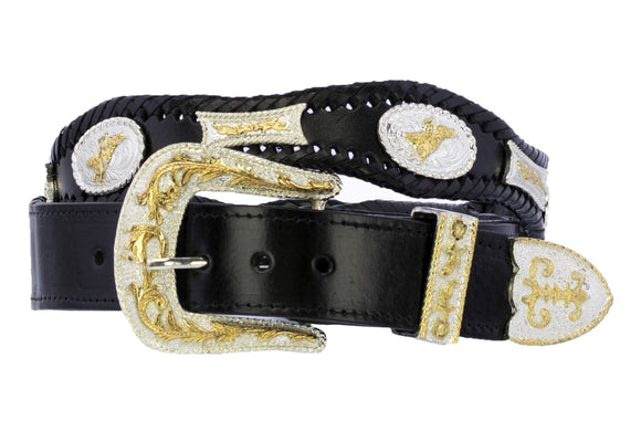 Black Western Cowboy Belt Concho Leather - Silver Buckle