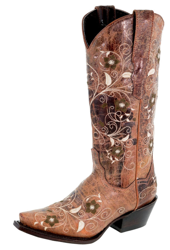 Womens Sofia Cognac Leather Cowboy Boots Floral - Snip Toe