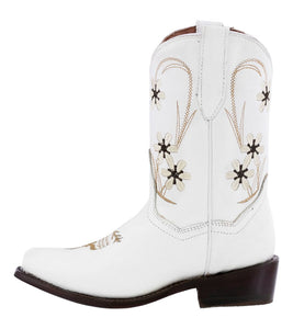 Kids FLWR White Western Cowboy Boots Floral Leather - Snip Toe