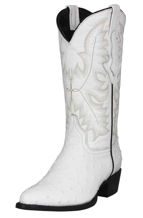 Mens White Cowboy Boots Ostrich Quill Print Leather - J Toe