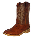 Kids Toddler Cognac Ostrich Quill Print Cowboy Boots - Square Toe
