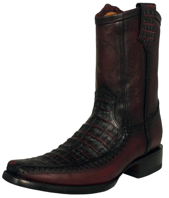 Mens Black Cherry Cowboy Boots Crocodile Print Leather Zipper - Square Toe