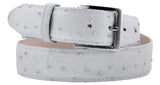 White Western Cowboy Belt Ostrich Quill Print Leather - Silver Buckle