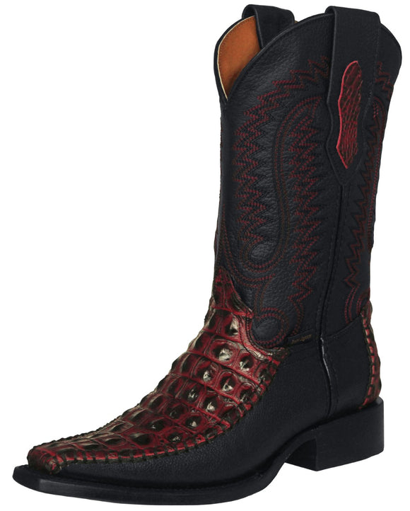 Mens Black Cherry Cowboy Boots Crocodile Back Print Overlay - Square Toe