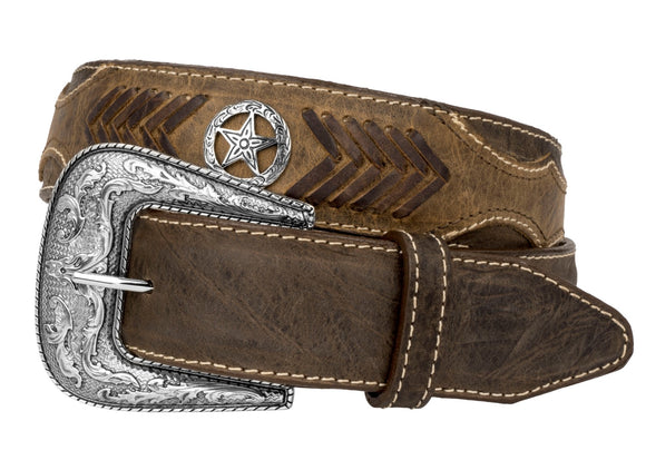 Brown Western Cowboy Leather Belt Ranger Concho - Silver Buckle