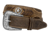 Brown Western Cowboy Leather Belt Ranger Concho - Silver Buckle