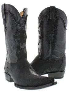 Men's Black Genuine Stingray Single Stone Leather Cowboy Boots 3X Toe