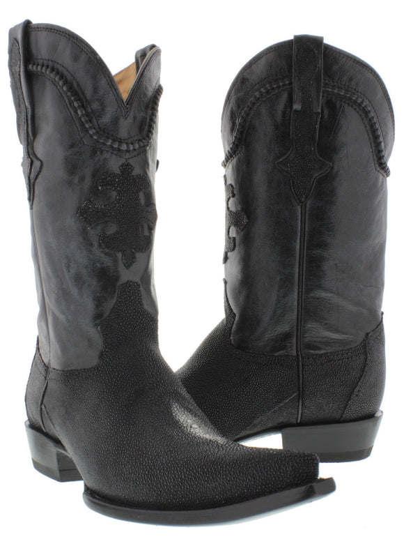 Men's Black Genuine Stingray Single Stone Leather Cowboy Boots 3X Toe