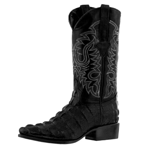 Mens #130 Black Alligator Tail Print Leather Cowboy Boots - J Toe