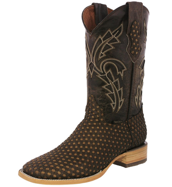 Mens Brown Western Cowboy Boots Woven Leather - Square Toe