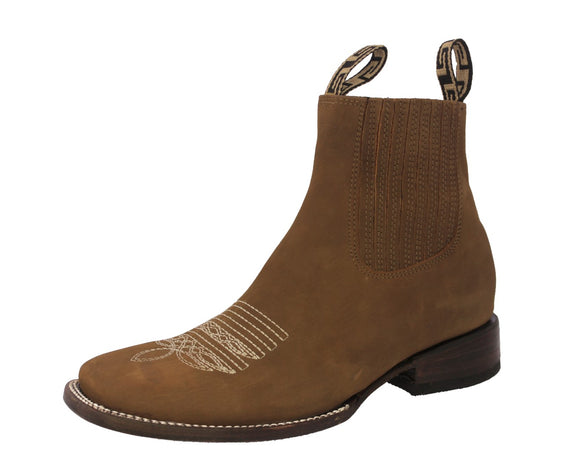 Mens Light Brown Chelsea Ankle Boots Nubuck Leather - Square Toe