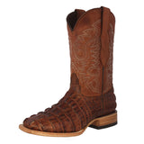 Mens Cognac Alligator Tail Print Leather Cowboy Boots Square Toe