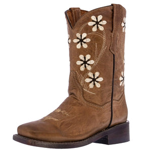 Kids FLWR Almond Western Cowboy Boots Floral Leather - Square Toe