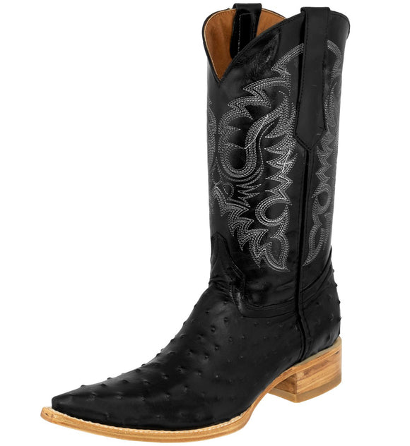Mens Black Ostrich Quill Print Leather Cowboy Boots - 3X Toe