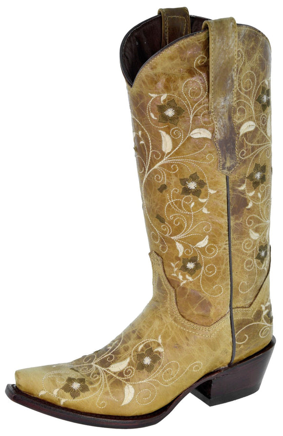 Womens Sofia Sand Leather Cowboy Boots Floral - Snip Toe