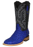 Mens Blue Cowboy Boots Ostrich Quill Print Leather - Square Toe