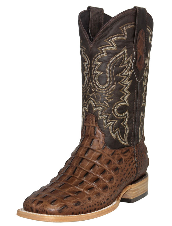 Mens Brown Cowboy Boots Crocodile Back Print - Square Toe