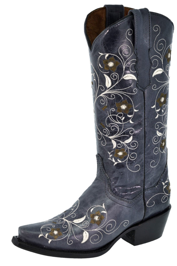Womens Sofia Denim Blue Leather Cowboy Boots Floral - Snip Toe