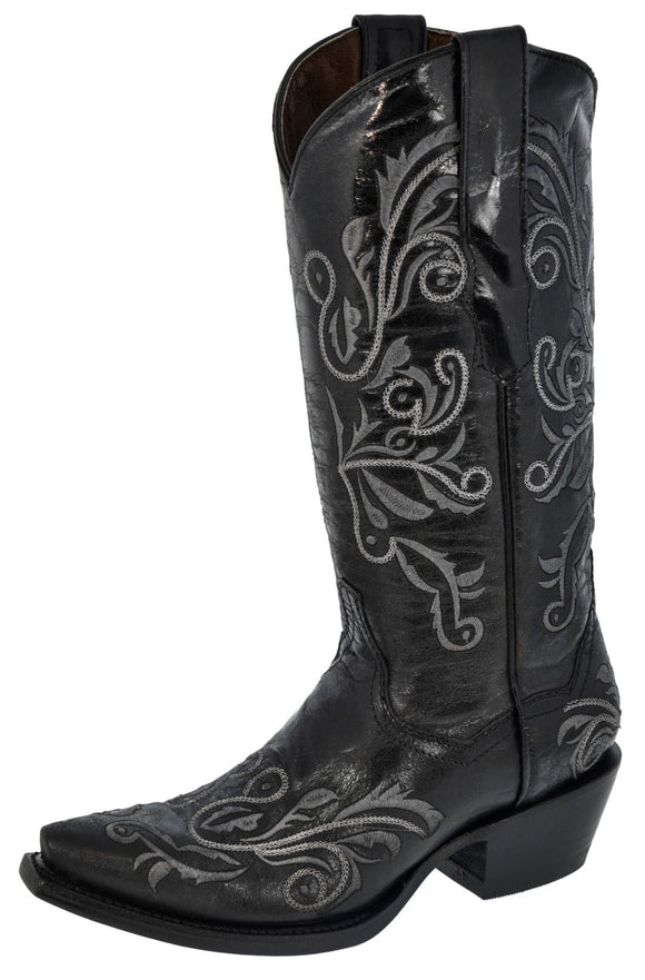 Womens Granada Black Cowboy Boots Swan Embroidered - Snip Toe