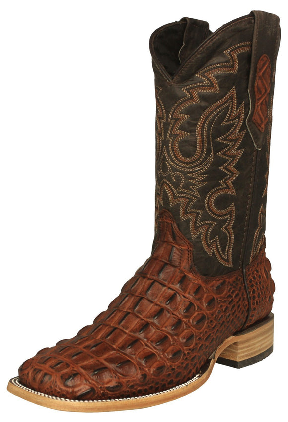 Mens Cognac Cowboy Boots Crocodile Back Print - Square Toe