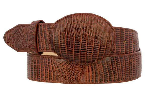 Cognac Western Cowboy Belt Teju Lizard Print Leather - Rodeo Buckle
