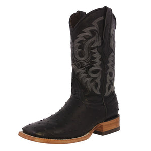 Mens Black Ostrich Quill Print Leather Cowboy Boots Square Toe