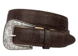 Brown Western Cowboy Belt Ostrich Leg Print Leather - Silver Buckle