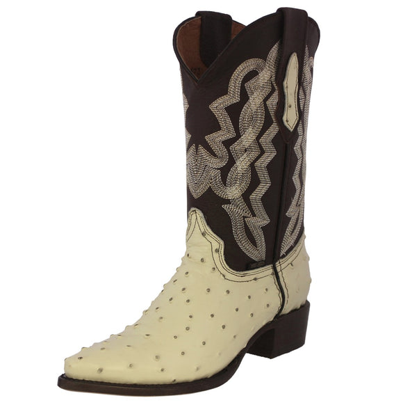 Mens Off White Cowboy Boots Ostrich Quill Print Leather - J Toe