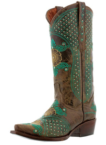 Womens Marfil Brown Turquoise Wedding Cowboy Boots Studded - Snip Toe