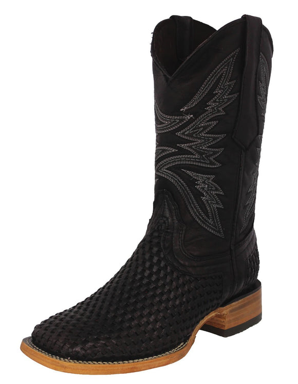 Mens Black Western Cowboy Boots Woven Leather - Square Toe