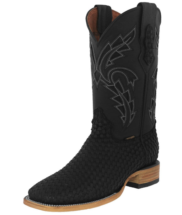 Mens Black Western Cowboy Boots Woven Leather - Square Toe