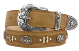 Light Brown Western Cowboy Leather Belt Navajo Concho - Silver Buckle