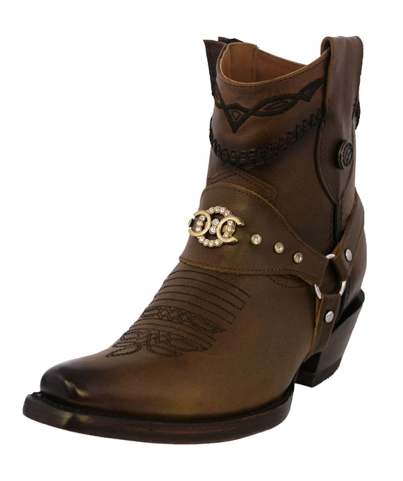 Womens Dixie Honey Brown Western Ankle Boots Leather Boot Straps - Snip Toe