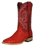 Mens Red Cowboy Boots Ostrich Quill Print Leather - Square Toe