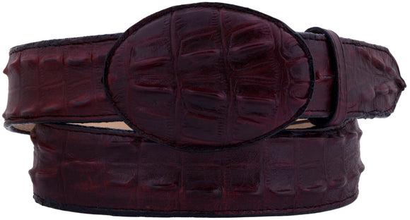 Burgundy Western Belt Crocodile Tail Print Leather - Rodeo Buckle