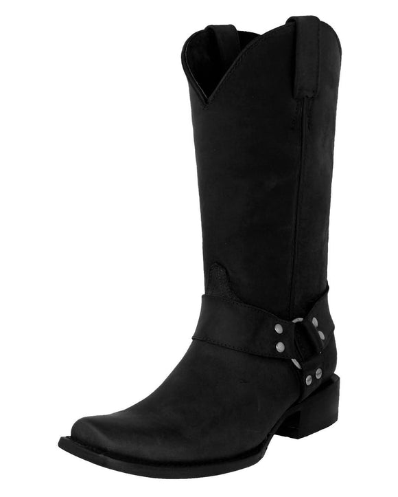 Mens Rider Black Western Boots Leather Harness - Square Toe