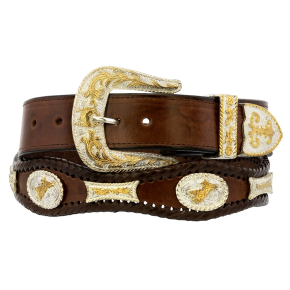 Brown Western Cowboy Belt Concho Leather - Silver Buckle
