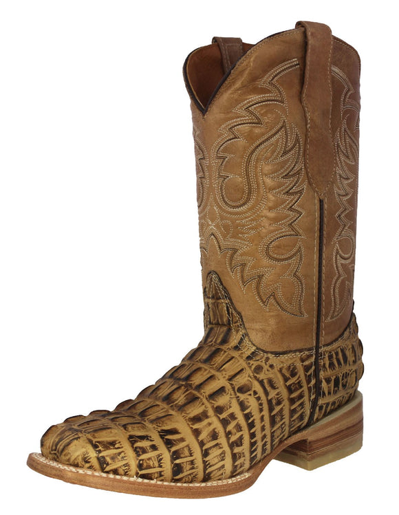 Mens #130N Rustic Sand Alligator Tail Print Leather Cowboy Boots - Square Toe