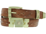 Mens Cognac Cowboy Dress Belt Ostrich Quill Print - Gold Links