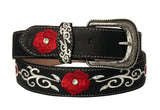 Black #820 Western Cowboy Belt Floral Leather - Removable Buckle
