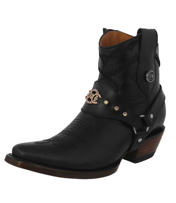 Womens Dixie Black Western Ankle Boots Leather Boot Straps - Snip Toe