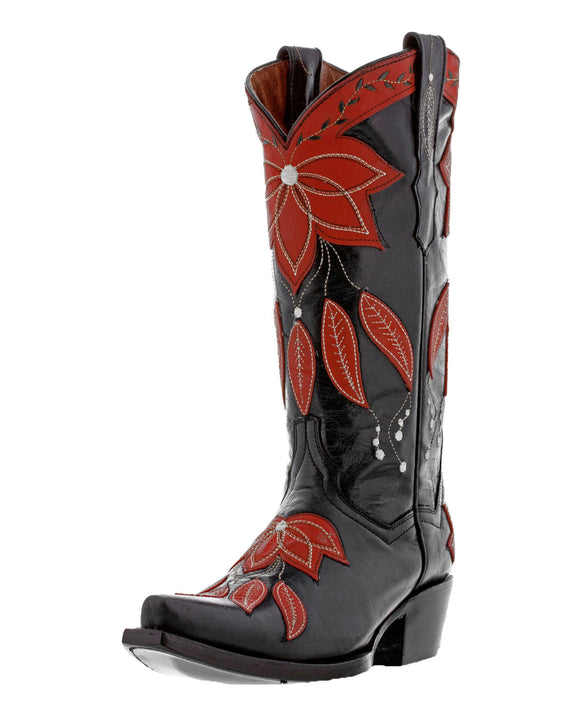 Womens Summer Black & Red Leather Cowboy Boots - Snip Toe