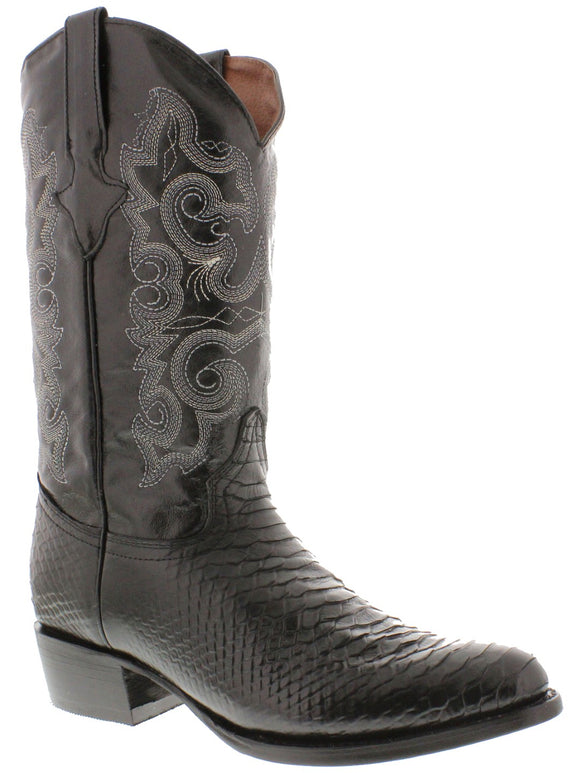 Mens Black Snake Python Print Leather Cowboy Boots Round Toe