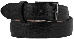 Black Western Cowboy Belt Teju Lizard Print Leather - Silver Buckle