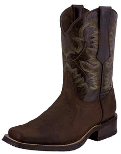 Mens Dark Brown Western Leather Cowboy Boots - Square Toe