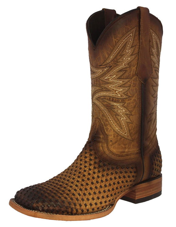 Mens Honey Brown Western Cowboy Boots Woven Leather - Square Toe