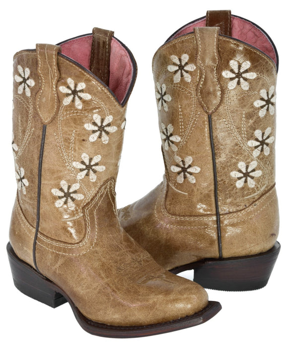 Kids FLWR Almond Western Cowboy Boots Floral Leather - Snip Toe